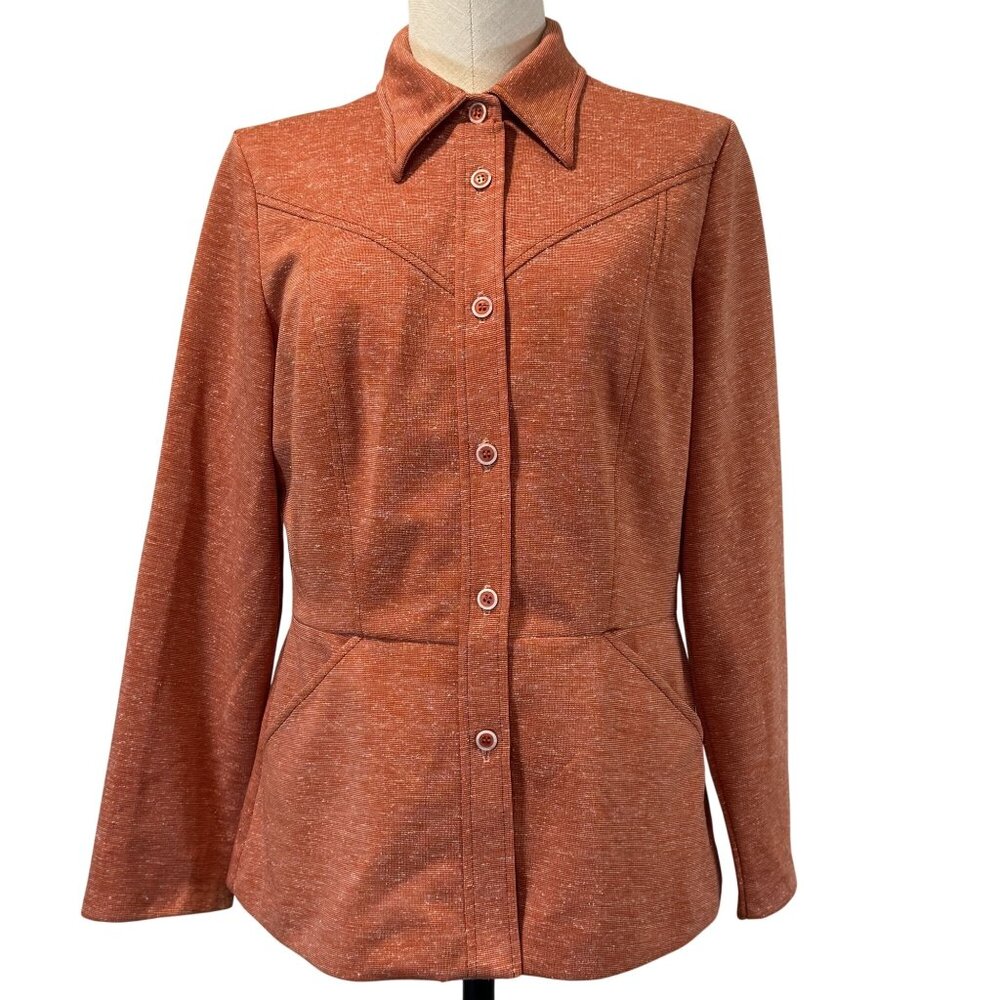 Vintage Rust Orange Button-Up Long Sleeve Shirt Jacket Size 16 Heathered Pockets